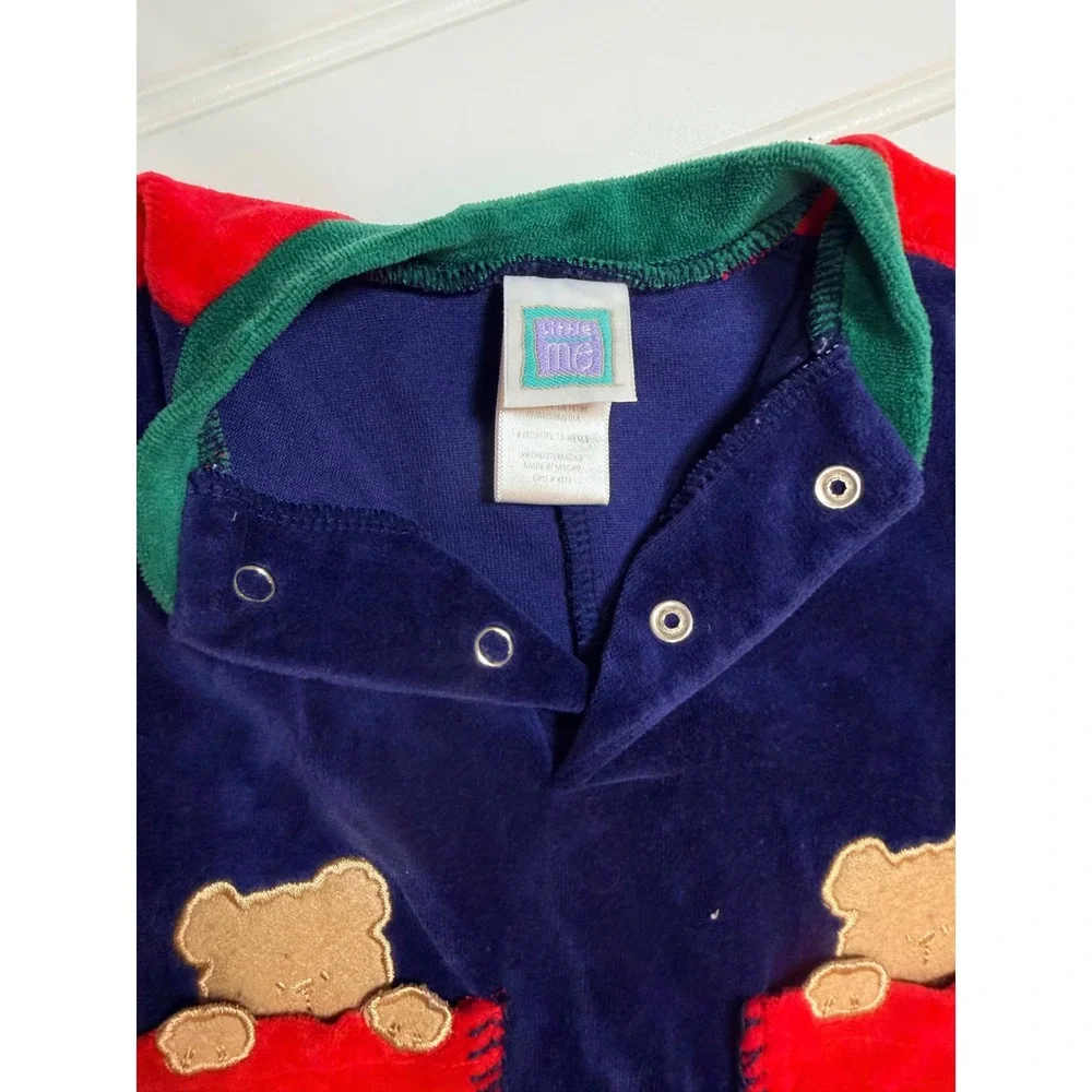 Little Me Vintage Baby Velour Footed Sleeper Navy Blue Bear Pockets 3-6 Months